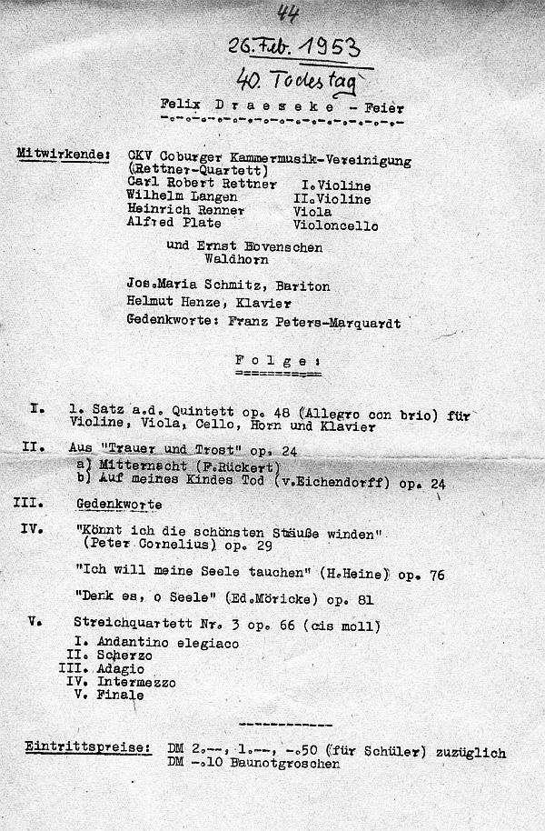 Rathaussaal Coburg - Gesellschaft Musikfr. Coburg 40. Todestag Draeseke (Quintett op 68; Trauer und Trost op 24; Quartett nr 3 op 66) Coburg - 19 Mär 1953