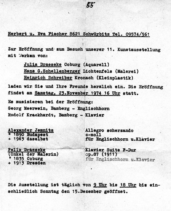Arch. Fischer Schwürbitz - Felix Draeseke: Suite F-dur op 87 für Englischhorn und Klavier; Alexander Jemnitz: Allegro für Englischhorn und Klavier (Meerwein/Krackhardt) 23 Nov 1974 