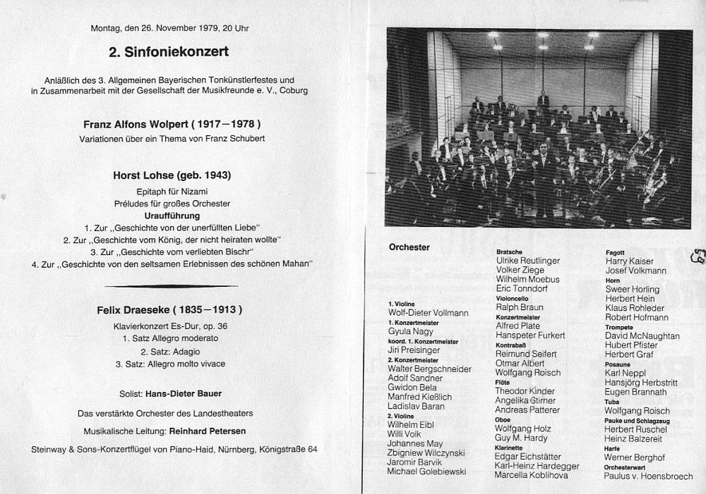 Landestheater Coburg: Franz Alfons Wolpert: Schubert Variationen; Horst Lohse: Epitaph; Felix Draeseke: Klavierkonzert Es-Dur op 36 (Hans-Dieter Bauer, Orchester des Landestheaters, Reinhard Petersen) - Coburg, 26 Nov 1979 
