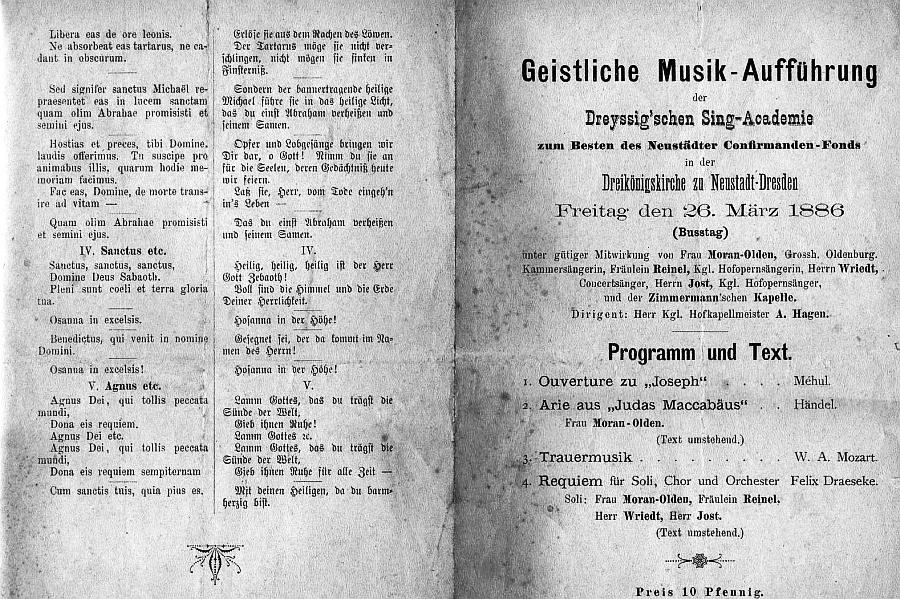 Dreikönigskirche Dreseden. Geistliche Musik-Aufführung der Dreyssig'schen Sing-Academie: Mehul, Händel, Mozart, Draeseke (Requiem H-moll op. 22). A. Hagen - 26 Mär 1886 