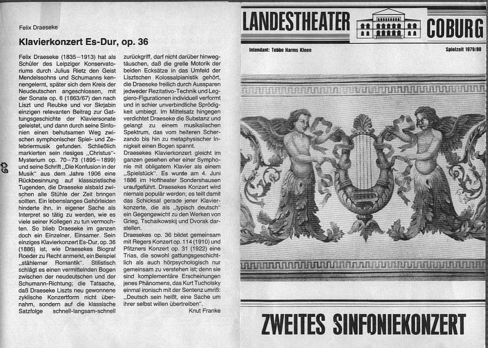 Landestheater Coburg: Franz Alfons Wolpert: Schubert Variationen; Horst Lohse: Epitaph; Felix Draeseke: Klavierkonzert Es-Dur op 36 (Hans-Dieter Bauer, Orchester des Landestheaters, Reinhard Petersen) - Coburg, 26 Nov 1979 