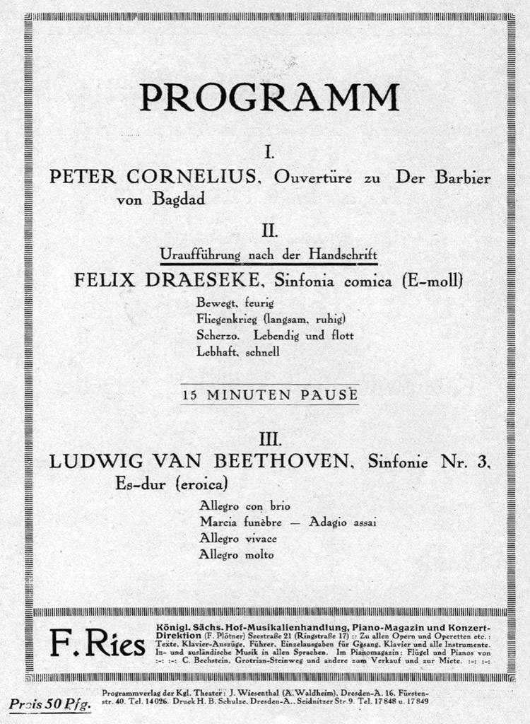 Program Booklet: Premiere Sinfonia comica, 6 Feb 1914, Hoftheater Dresden, Hermann Kutzschbach [Draeseke, Cornelius, Beethoven