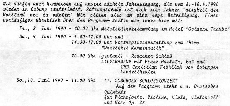4. Jahrestagung der Internationalen Draeseke Gesellschaft - 8-10 June 1990