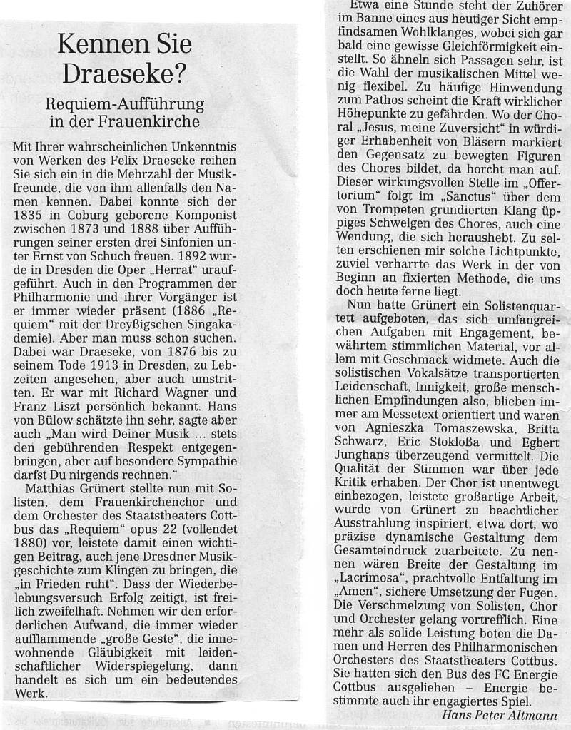 Kennen Sie Draeseke? Requiem Aufführung in der Frauenkirche. Hans Peter Altmann (Dresdner Neueste Nachrichten) 