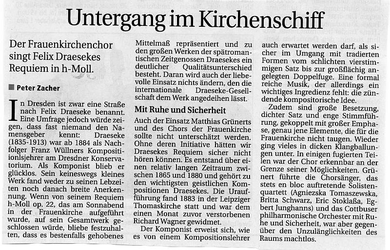 Untergang im Kirchenschrift. Der Frauenkirchenchor singt Felix Draesekes Requiem in h-Moll. Peter Zacher (Schsische Zeitung)